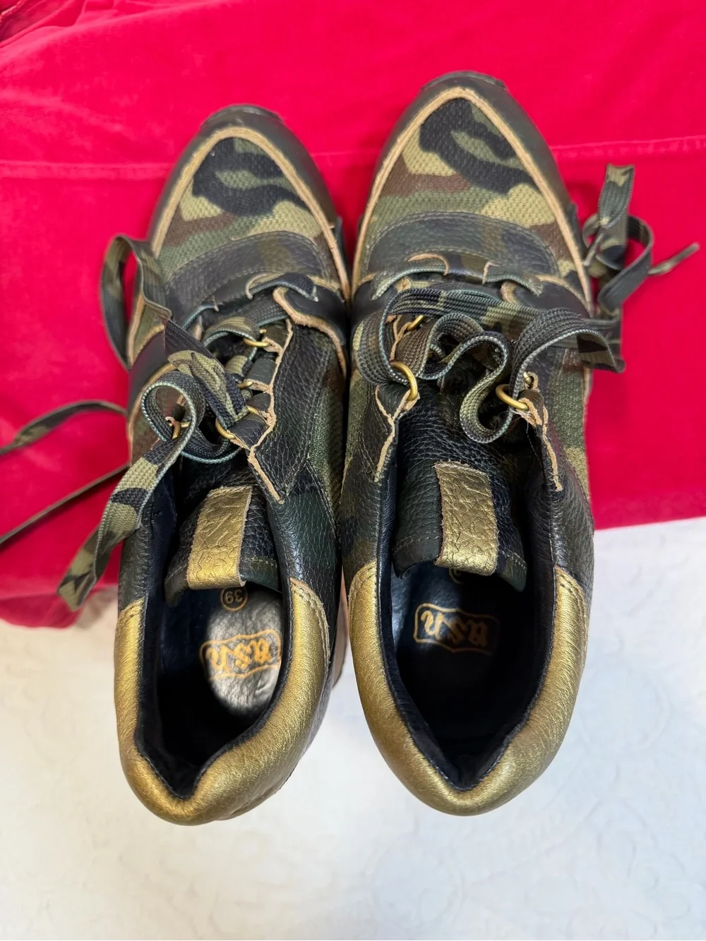 Ash Camo 3” Wedge Sneakers Leather Upper Hidden Platform High Top Shoes Size 39